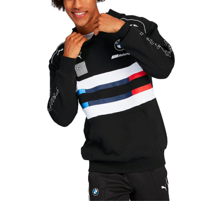 Bluza z kapturem BMW Motorsport Street Midlayer w kolorze czarno-niebieskim, czerwono-białym