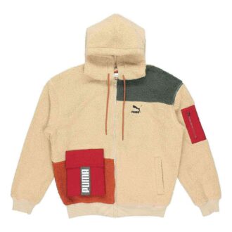 Bluza z kapturem Retro Block Sherpa z zamkiem błyskawicznym w kolorze beżowo-czerwono-zielonym
