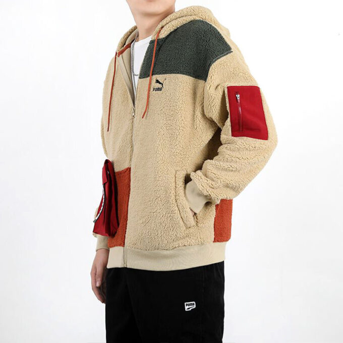 Bluza z kapturem Retro Block Sherpa z zamkiem błyskawicznym w kolorze beżowo-czerwono-zielonym
