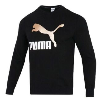 Brązujący, sportowy sweter z okrągłym dekoltem i logo w kolorze czarnym