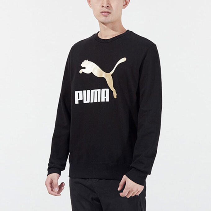 Brązujący, sportowy sweter z okrągłym dekoltem i logo w kolorze czarnym