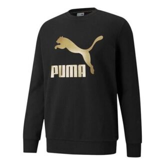 Klasyczny brązowy sweter sportowy z okrągłym dekoltem i dużym logo w kolorze czarnym Klasyczny brązowy sweter sportowy z okrągłym dekoltem i dużym logo w kolorze czarnym