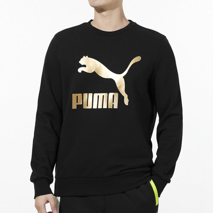 Klasyczny brązowy sweter sportowy z okrągłym dekoltem i dużym logo w kolorze czarnym