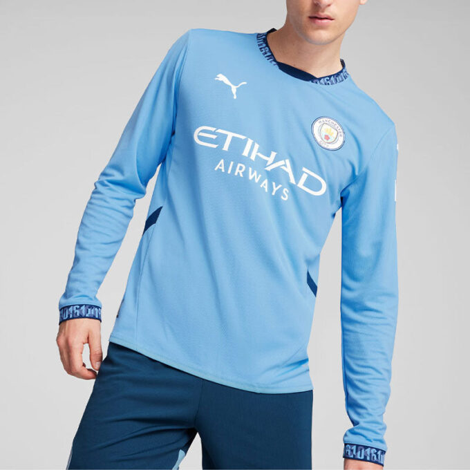 Koszulka domowa Manchester City 24/25 z długim rękawem w kolorze niebiesko-białym