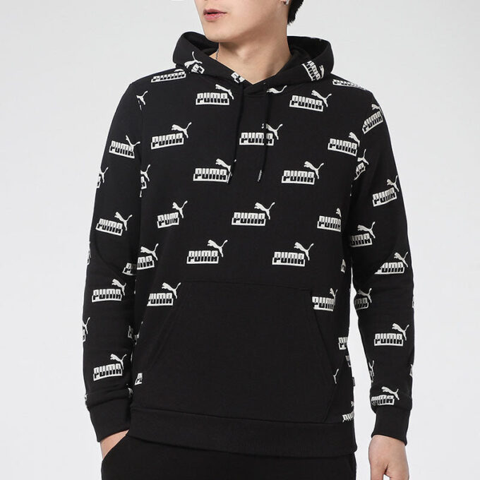 Męska sportowa bluza z kapturem i nadrukiem z logo, w kolorze czarnym