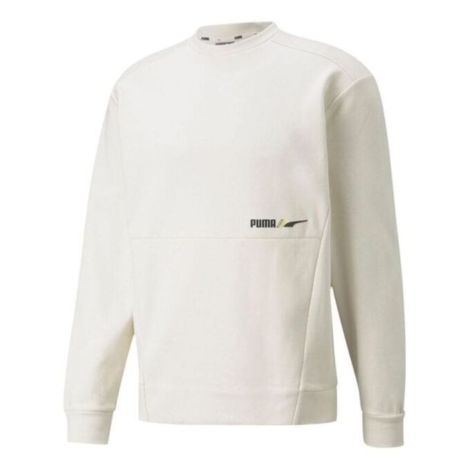 Męski sweter sportowy PUMA Winterized Crew Logo w jednolitym kolorze z polarową podszewką i okrągłym dekoltem w kolorze białym