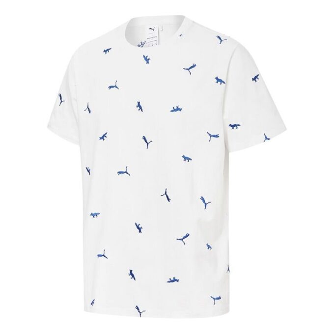 PUMA x Maison Kitsune Crossover Aop Tee z haftowanym logo, sportowy, okrągły dekolt, krótki rękaw, biały