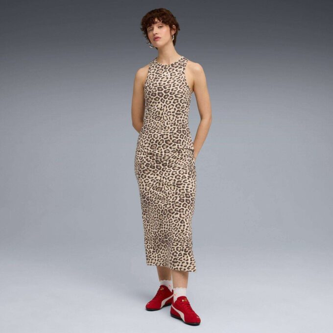 Sukienka damska Leopard Luxe z nadrukiem zwierzęcym i dopasowaną talią Sukienka damska Leopard Luxe z nadrukiem zwierzęcym i dopasowaną talią