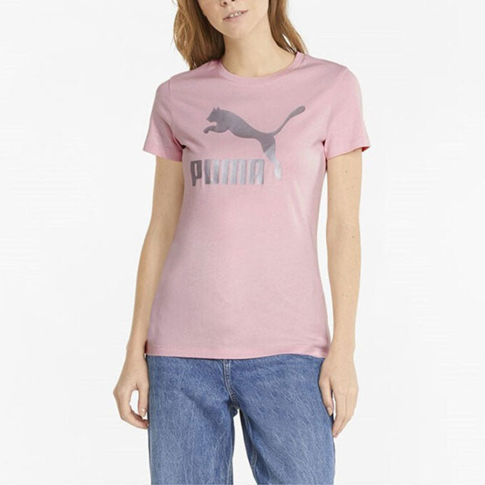 (WMNS) Koszulka z klasycznym logo, duży nadruk logo, sportowy krótki rękaw, różowa